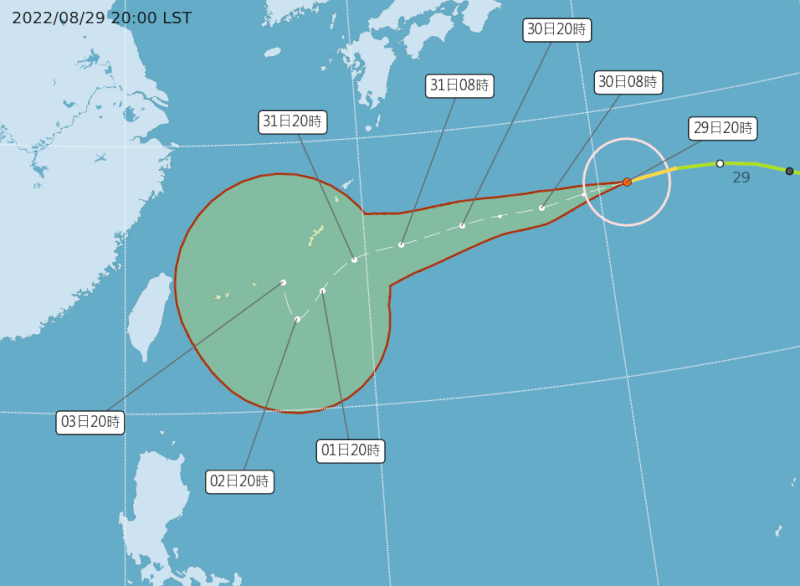 氣象局表示，中颱軒嵐諾持續朝西前進，9月1日至3日在琉球南方海面打轉，台灣北部、東北部受外圍環流影響易有間歇性降雨。（圖取自中央氣象局網頁cwb.gov.tw）
