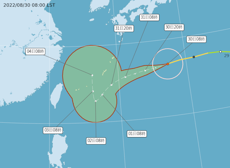 氣象局表示，中颱軒嵐諾目前離台灣約1600公里，不排除有機會升格為強烈颱風。圖為30日上午8時颱風路徑潛勢預測圖。（圖取自中央氣象局網頁cwb.gov.tw）
