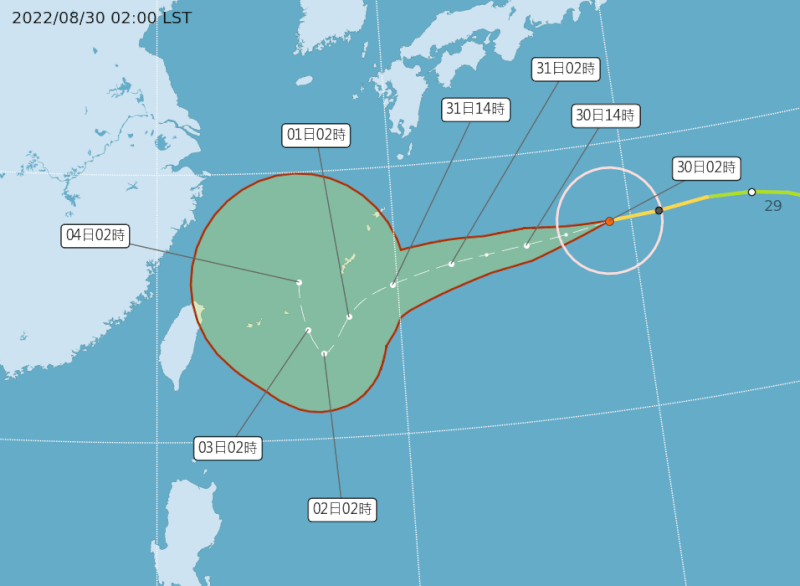 氣象專家吳德榮表示，颱風軒嵐諾有機會增強為強颱，31日晚間北部、東北部將有明顯降雨。（圖取自中央氣象局網頁cwb.gov.tw）