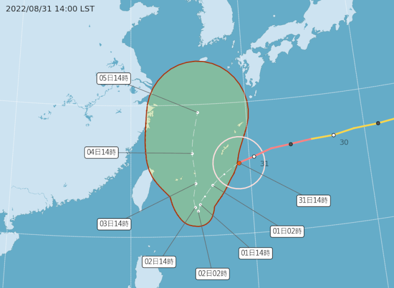 中央氣象局預估，颱風軒嵐諾9月2、3日最接近台灣。（圖取自中央氣象局網頁cwb.gov.tw）