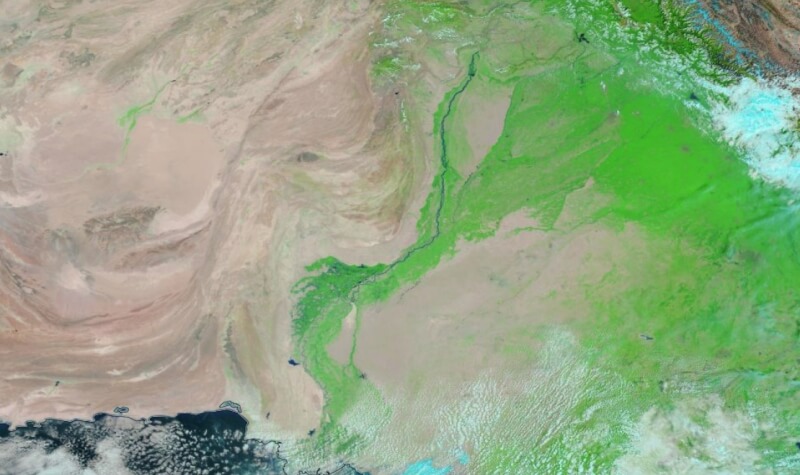 巴基斯坦南部信德省部分地區形成一個100公里寬的巨大內陸湖泊，去年的衛星圖像顯示原本是農田的區域。（圖取自NASA MODIS網頁modis.gsfc.nasa.gov）