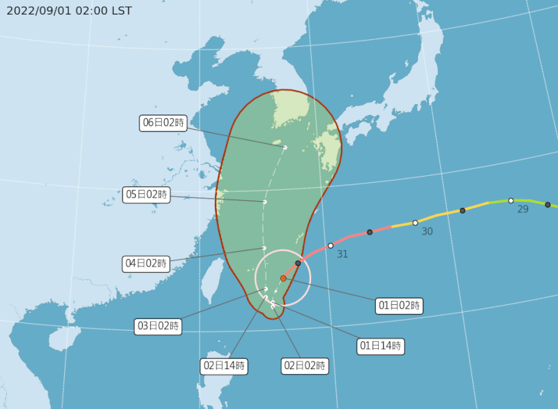 中央氣象局預估，位在台灣東方的軒嵐諾颱風2、3日最接近台灣。（圖取自中央氣象局網頁cwb.gov.tw）