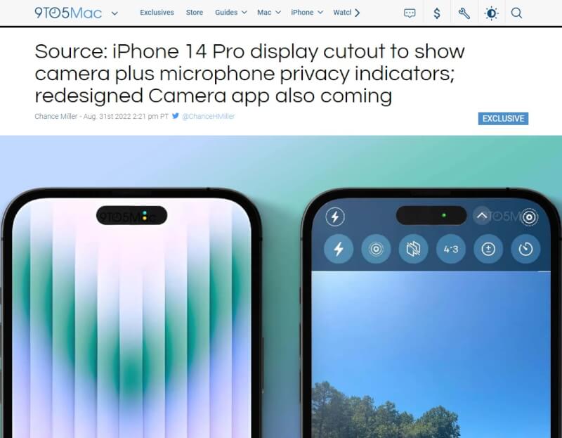 國外網站預測，iPhone 14 Pro版本前鏡頭「瀏海」將改為「長藥丸」造型，而非驚嘆號。（圖取自9to5Mac網頁9to5mac.com）