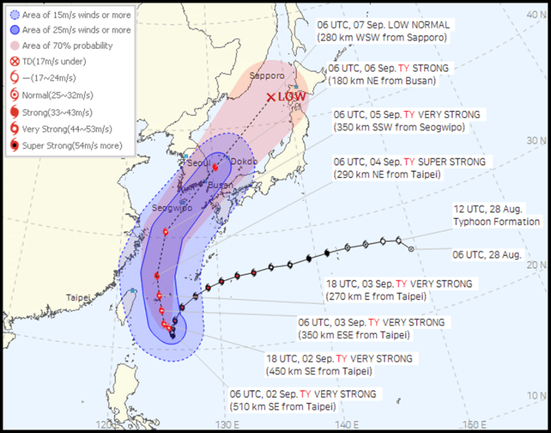 韓國氣象廳預測，今年第11號颱風「軒嵐諾」很可能於6日淩晨或清晨從慶尚南道南海岸登陸，預計此次颱風將成為歷史上登陸韓國的最強颱風。（圖取自韓國氣象廳網頁kma.go.kr）
