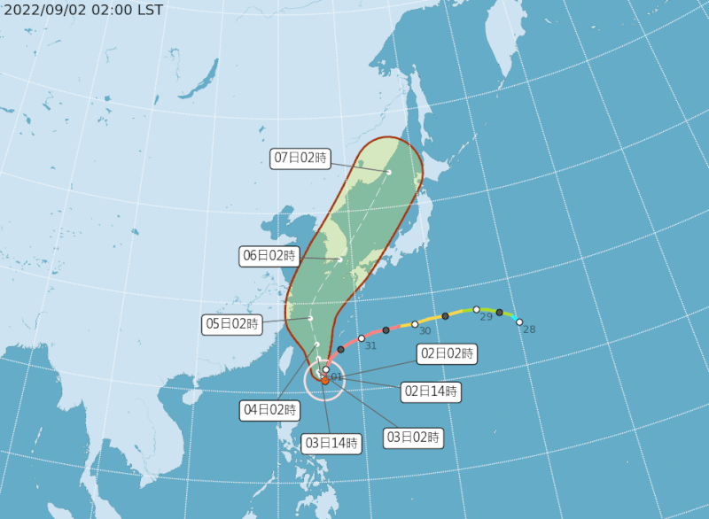中央氣象局預計2日上午8時30發布海上颱風警報。（圖取自氣象局網頁cwb.gov.tw）