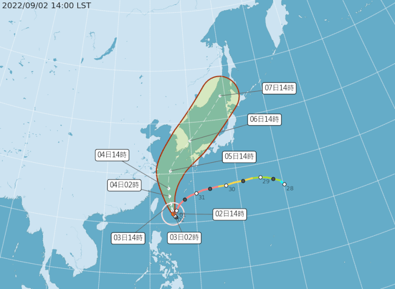 氣象局預估颱風軒嵐諾暴風圈3日傍晚觸陸。（圖取自氣象局網頁cwb.gov.tw）