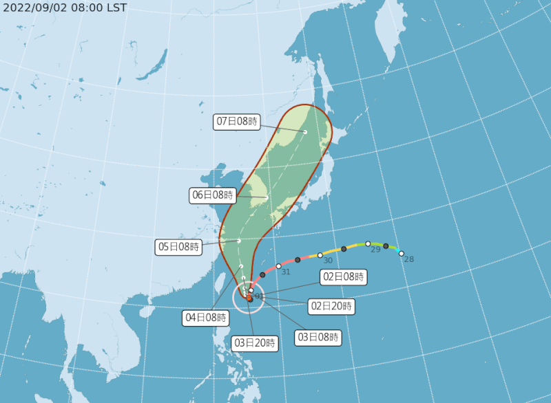 根據中央氣象局最新觀測，颱風軒嵐諾若路徑不變，暴風圈擴大之下，不排除2日午夜將發布陸上颱風警報。（圖取自中央氣象局網頁cwb.gov.tw）