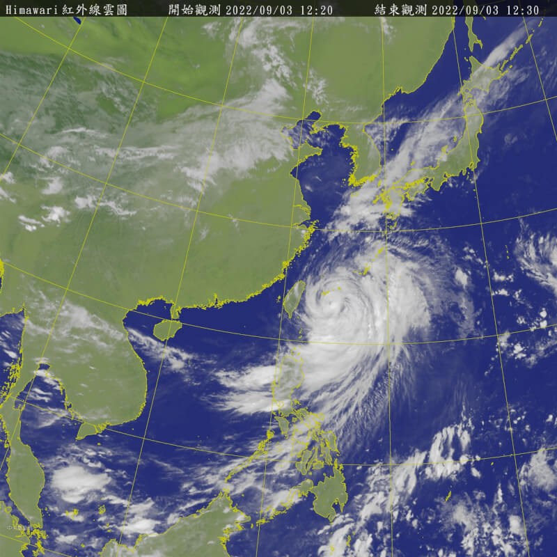 氣象局3日表示，軒嵐諾不排除有再升級為強烈颱風的機會，暴風圈也會再擴大，晚間有可能接觸台灣陸地。（圖取自中央氣象局網頁cwb.gov.tw）