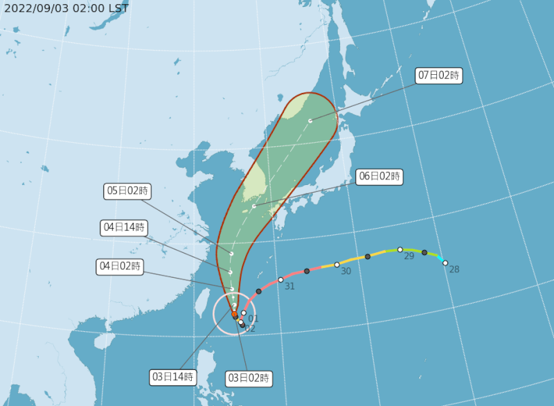 氣象局指出，未來颱風暴風範圍對北台灣陸地，包含新北市、基隆市跟宜蘭縣造成威脅，提醒民眾要留意。（圖取自中央氣象局網頁cwb.gov.tw）