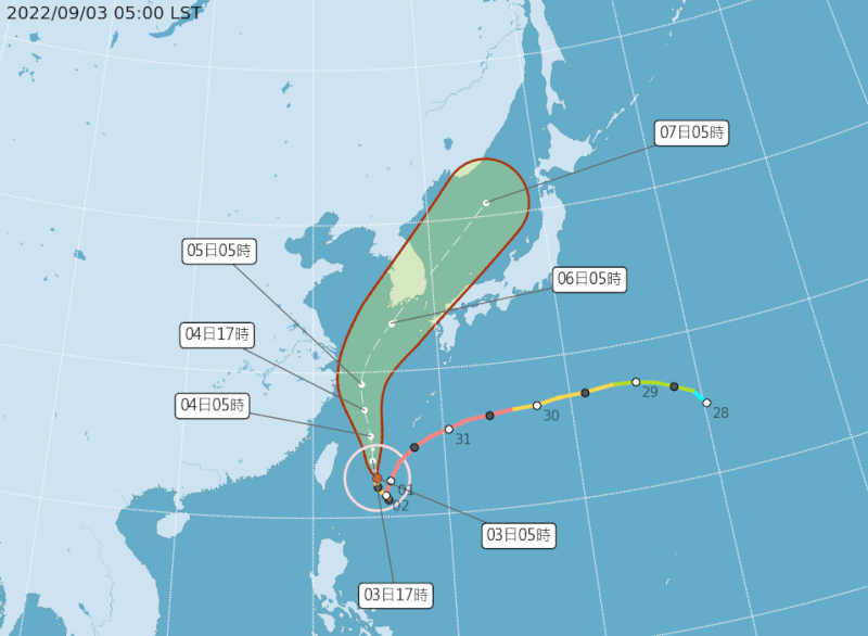 氣象局預估，3日晚上至4日白天是暴風圈離台灣最近的時候。（圖取自中央氣象局網頁cwb.gov.tw）