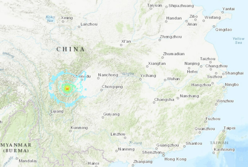 四川甘孜州瀘定縣5日中午12時52分發生規模6.8地震。星號處為震央。（圖取自美國地質調查所網頁earthquake.usgs.gov）