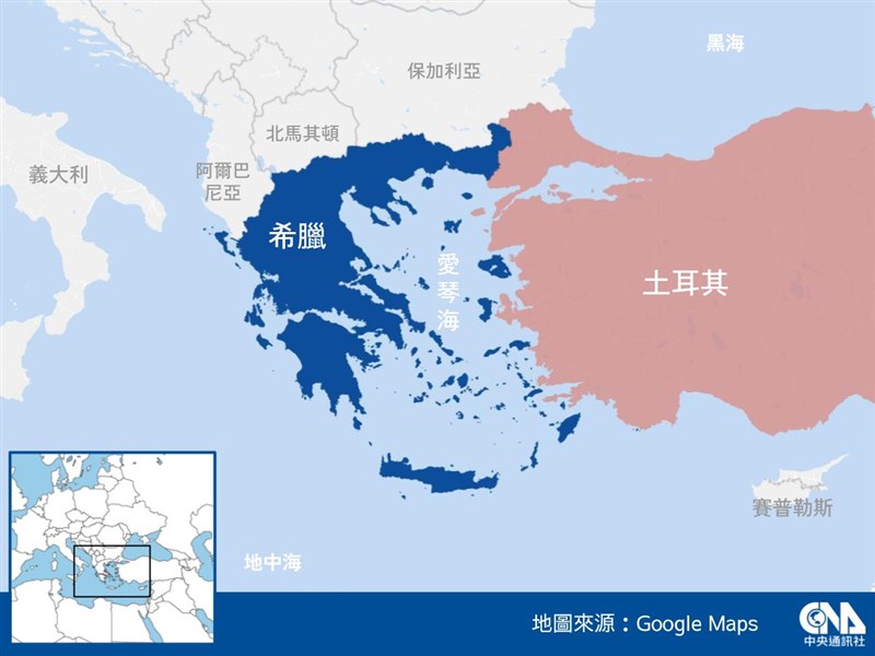 希臘及土耳其緊張情勢再次升溫。（中央社製圖）