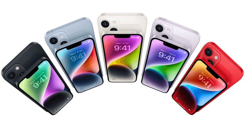 iPhone 14共有5種顏色，包括午夜、星空、藍、紫、紅。（圖取自蘋果網頁apple.com）