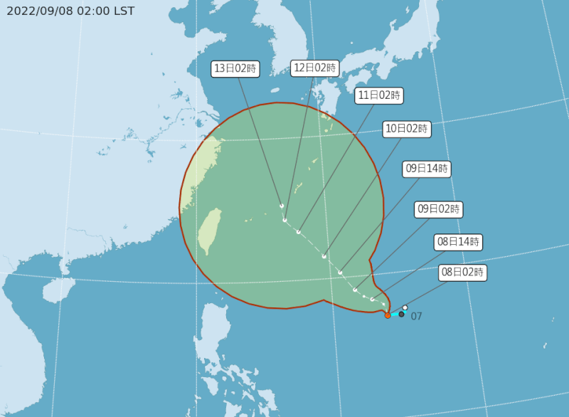 氣象專家吳德榮8日說，依目前預報路徑來看，將生成的颱風梅花對台灣影響不大，但仍有不確定性。（圖取自中央氣象局網頁cwb.gov.tw）