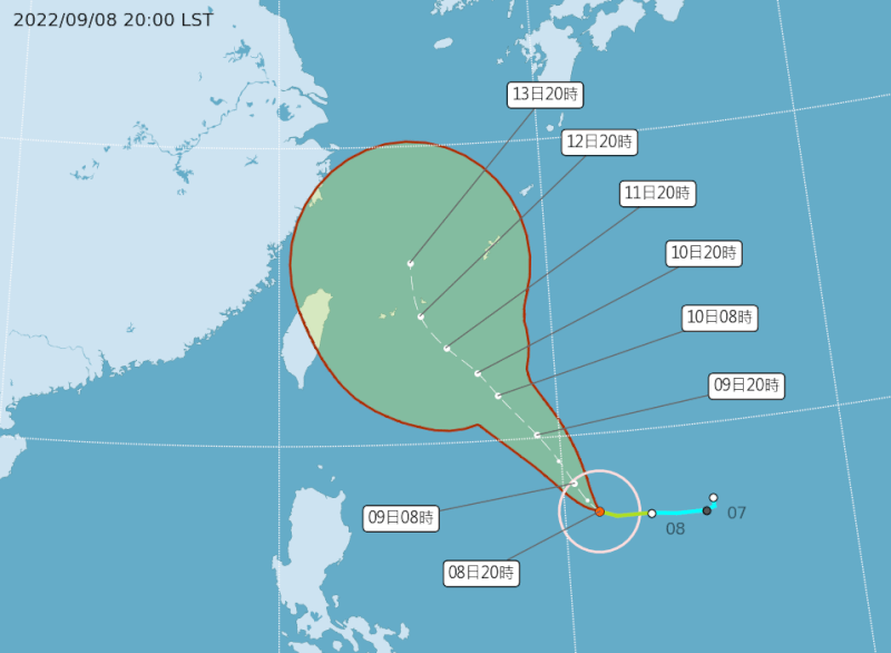 中央氣象局8日表示，颱風梅花的預測路徑有稍微往西偏一點，預計11日起至13日比較靠近台灣，北台降雨跟雲量也會比較多，發布海警機率仍不高。（圖取自中央氣象局網頁cwb.gov.tw）