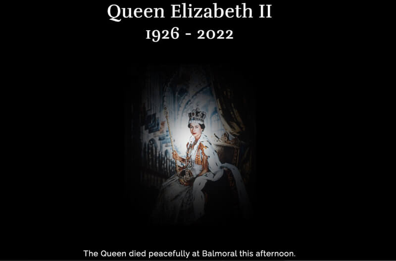 王室官方網站顯示黑底網頁，以及證實女王死訊的簡短聲明。（圖取自英國王室網頁royal.uk）