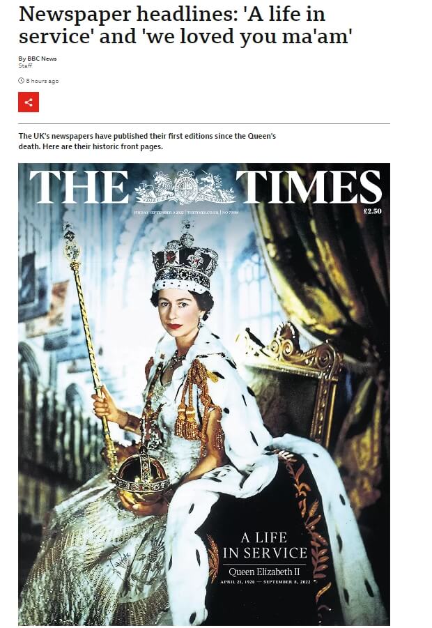英國廣播公司（BBC）報導，英國各大報9日刊出歷史性頭版，多家採用同一張女王加冕肖像照，泰晤士報則加上「一生服務國家」。（圖取自英國廣播公司網頁bbc.com）