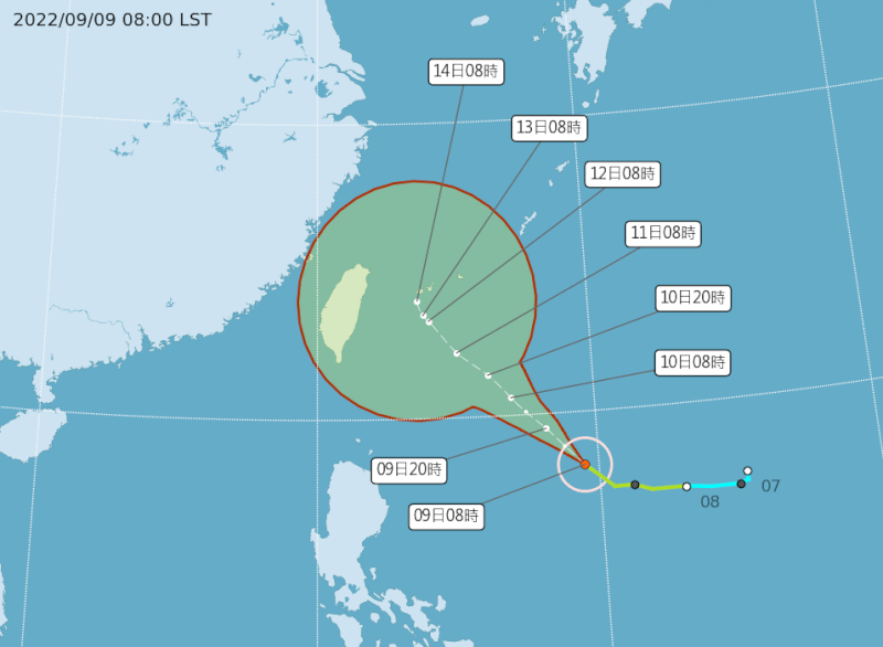 氣象局9日表示，颱風梅花有增強為中度颱風的趨勢，發布海上警報機率高。（圖取自中央氣象局網頁cwb.gov.tw）