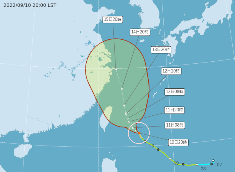 中央氣象局說，颱風梅花10日下午2時增強為中度颱風，海上颱風警報預計11日早晨8時30分發布。（圖取自中央氣象局網頁cwb.gov.tw）