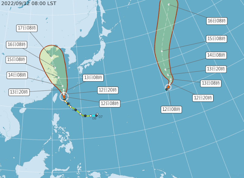 中央氣象局宣布，輕度颱風莫柏（右）於12日上午8時形成，對台灣無直接影響。（圖取自中央氣象局網頁cwb.gov.tw）