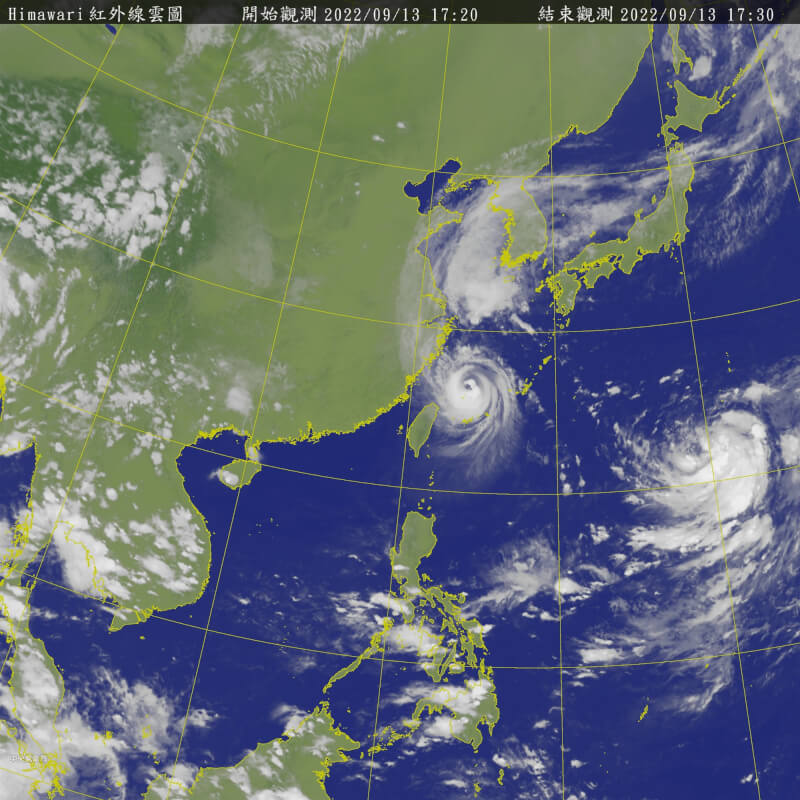 氣象局13日表示，颱風梅花逐漸向北遠離台灣，下午5時30分解除梅花颱風海上颱風警報。 圖為下午5時30分衛星雲圖。（圖取自中央氣象局網頁cwb.gov.tw）