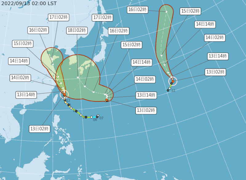 ▼在台灣東方約1800公里海面上的熱帶性低氣壓，未來12至24小時有機會增強為輕度颱風南瑪都。（圖／翻攝自中央氣象局）