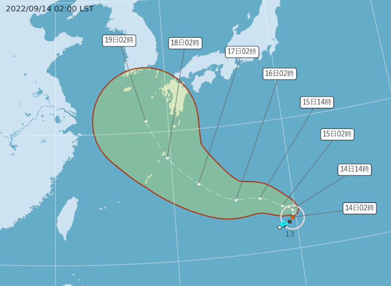 颱風南瑪都14日生成，預測將向西北朝日本南方海面前進。（圖取自中央氣象局網頁cwb.gov.tw）
