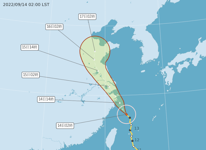颱風梅花14日清晨2時位於台北東北方330公里海面上，移動速度即將加快往北北西方向移動。（圖取自中央氣象局網頁cwb.gov.tw）