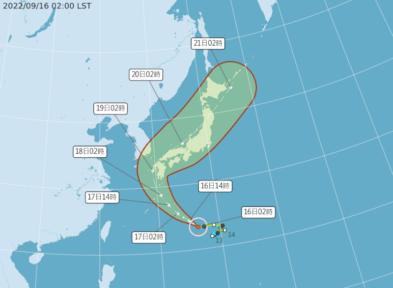 颱風南瑪都16日凌晨2時增強為中度颱風，朝日本移動。（圖取自中央氣象局網頁cwb.gov.tw）