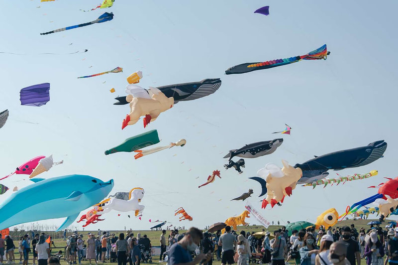 2022新竹市國際風箏節17日起一連2天在新竹漁港登場，巨大鯨豚等造型風箏飛上天際，將漁港天空妝點得熱鬧繽紛。（新竹市政府提供）中央社記者管瑞平傳真  111年9月17日