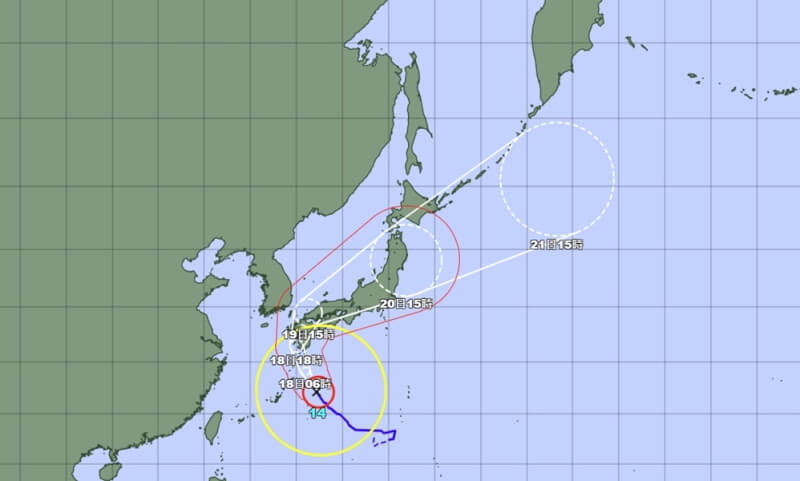 日本氣象廳預測，颱風南瑪都可能在未來幾天由南往北縱貫日本九州後，再東轉橫越本州島，為日本多數地區帶來影響。（圖取自日本氣象廳網頁www.jma.go.jp）