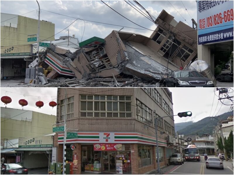 花蓮玉里一家7-11便利超商的樓房18日被地震震倒。下圖為倒塌前的Google街景圖。（上圖為玉里警提供，下圖取自Google地圖網頁google.com.tw/maps）