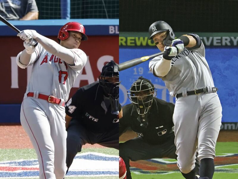 MLB 7日公布年度個人獎項決選名單，大谷翔平（左）與賈吉（右）將爭奪美聯MVP大獎。（共同社）