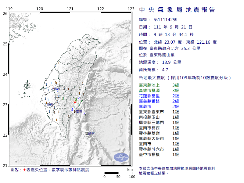 台東21日上午9時13分發生芮氏規模4.7地震。（圖取自中央氣象局網頁cwb.gov.tw）