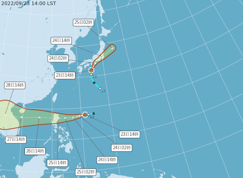 颱風塔拉斯朝日本移動，即將變性為溫帶氣旋，颱風諾盧則以偏西的方向朝呂宋島移動，之後將進入南海再往中南半島前進。（圖取自中央氣象局網頁cwb.gov.tw）