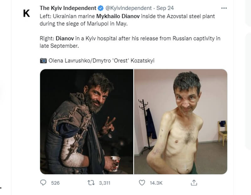 烏克蘭陸戰隊士兵迪安諾夫遭到俄軍俘虜後，21日在換俘行動中獲釋，照片顯示與被俘前判若兩人。（圖取自twitter.com/KyivIndependent）