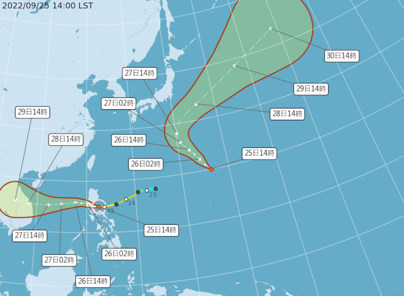 氣象局表示，25日下午在日本東南方海面有熱帶低壓（左）生成，未來24小時有機會形成今年第17號颱風庫拉。（圖取自中央氣象局網頁cwb.gov.tw）
