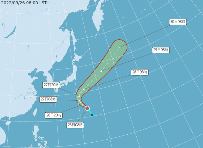 原位於日本南方海面的熱帶性低氣壓，26日上午8時發展為輕度颱風「庫拉」。（圖取自中央氣象局網頁cwb.gov.tw）