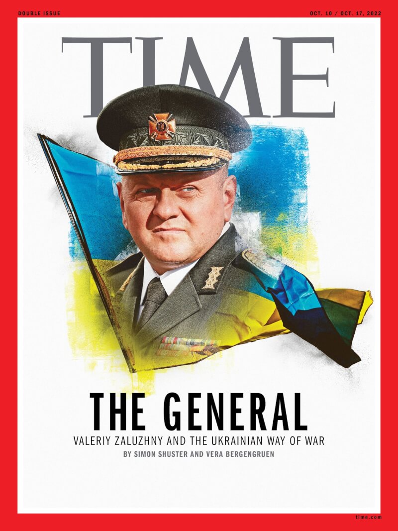 烏克蘭武裝部隊總司令扎盧茲尼登上美國「時代雜誌」10月號封面，他是烏軍在東北部反攻告捷擊退俄軍的頭號功臣。（圖取自facebook.com/time）