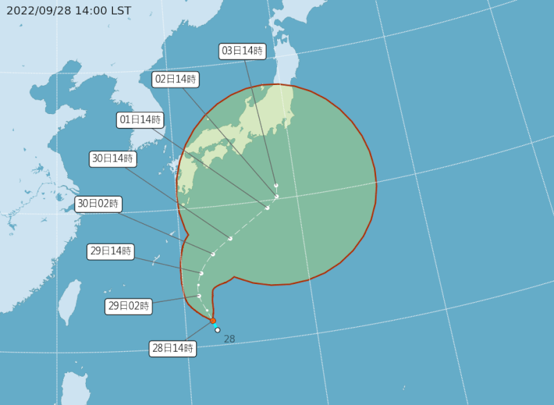 中央氣象局28日表示，位於琉球東南部海面的熱帶低壓預計未來24小時有機會發展成颱風洛克。（圖取自中央氣象局網頁cwb.gov.tw）