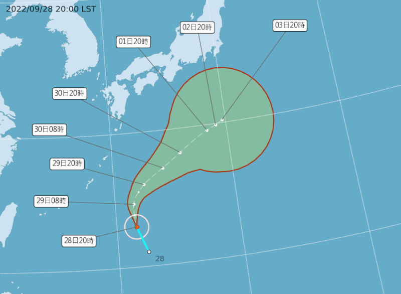 中央氣象局表示，原位於琉球東南部海面的熱帶性低氣壓，於28日晚間8時發展為輕度颱風，編號第18號洛克。（圖取自中央氣象局網頁cwb.gov.tw）