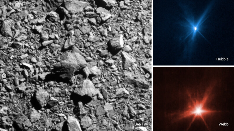 韋伯和哈伯太空望遠鏡29日釋出「雙小行星改道測試」太空飛行器撞上小行星的影像。右上為哈伯拍攝、右下為韋伯拍攝。（圖取自twitter.com/NASAWebb）