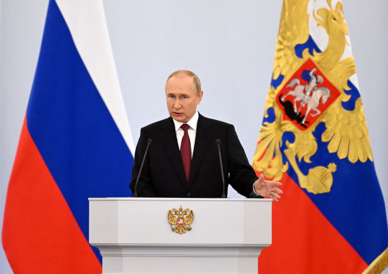 俄羅斯總統蒲亭9月30日宣布，將俄軍占領的烏克蘭4州領土正式納入版圖。（Sputnik/Gavriil Grigorov/Kremlin via 路透社）