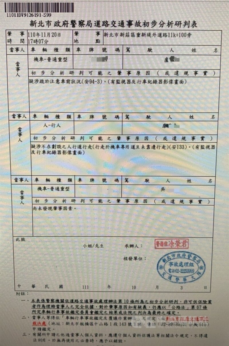 時任新北交通大隊盧姓分隊長去年11月騎車把康姓老翁撞成植物人,家屬質疑事故初判表(圖)寫行人「疑涉不在劃設之人行道行走(行走於機車專用道且未靠邊行走)」,但那裡根本沒人行道,也非機車專用道;警方則說現場確實是機車專用道。(翻攝照片)中央社記者高華謙傳真 111年10月3日