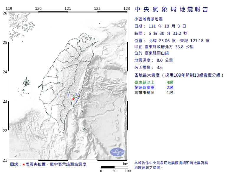 3日發生芮氏規模3.6地震，震央位於台東縣關山鎮。（圖取自中央氣象局網頁cwb.gov.tw）