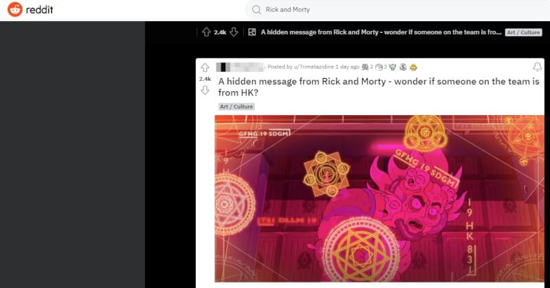 美國科幻情境喜劇動畫「瑞克和莫蒂」最新一集悄悄放入了暗示「光復香港，時代革命」的英文字母。（圖取自Reddit網頁reddit.com）