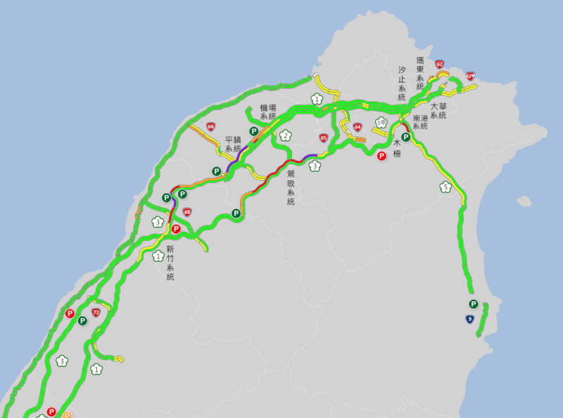 根據國道即時路況顯示，8日上午8時30分國道已湧現車潮。（圖取自國道即時路況網頁1968.freeway.gov.tw）