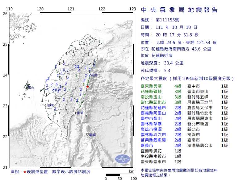 花蓮近海10日晚間8時17分發生芮氏規模5.3地震。（圖取自氣象局網頁cwb.gov.tw/V8/C）