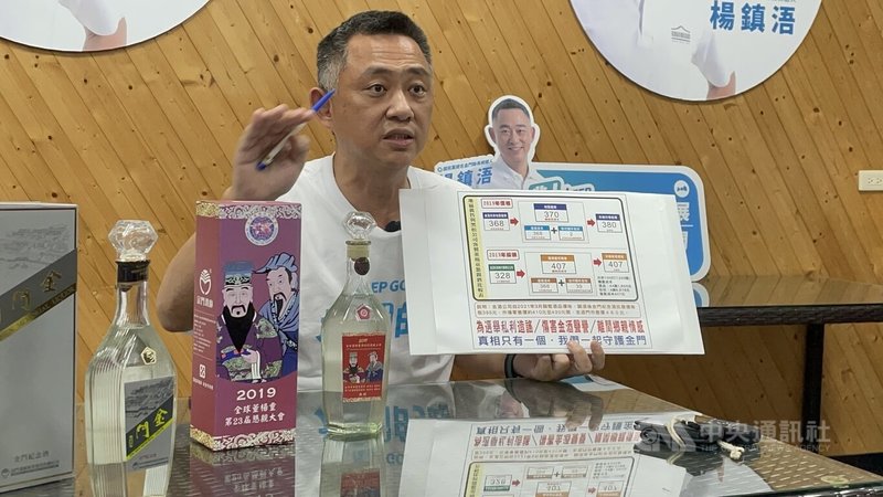 金門縣長楊鎮浯（圖）10日表示，董楊宗親會紀念酒採購成本比零售價高，何來「圖利」之有？他直接點名主要對手陳福海出來接受檢驗。中央社記者黃慧敏攝  111年10月10日