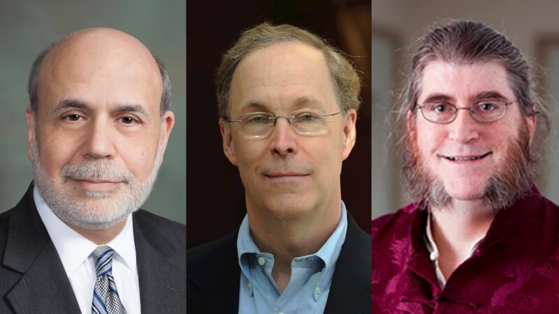 諾貝爾經濟學獎由前聯準會主席柏南奇（左）、美國學者戴蒙（中）及迪布維格（右）共同獲獎。（左圖取自布魯金斯學會網頁brookings.edu；中圖取自芝加哥布斯商學院網頁chicagobooth.edu；右圖取自聖路易華盛頓大學網頁global.wustl.edu）